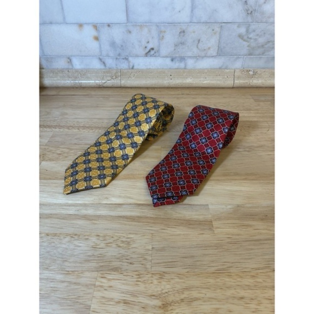 New JZ Richards Necktie Set Mens OS Yellow Red Silk Geometric Medallion USA Made